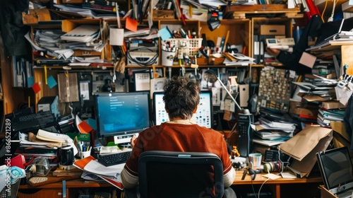 Person working at a cluttered desk surrounded by papers, books, and electronics. Overwhelming workspace, chaotic environment, home office.