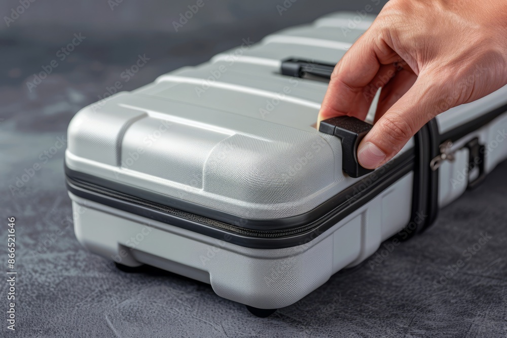 Close-up of a hand touching a latch on a gray hard-shell suitcase, emphasizing travel security and durability. Close-up of a hand touching a latch on a gray hard-shell suitcase, emphasizing travel security and durability.