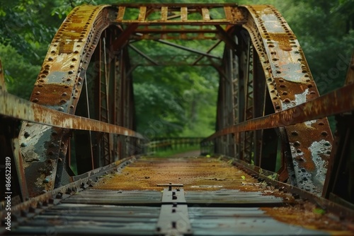 Weathered rusty bridge with verdant forest background, symbolizing decay and nature's reclaim