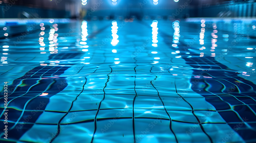 Naklejka premium A swimming pool with a blue and red lane marker. The pool is empty and the lights are on