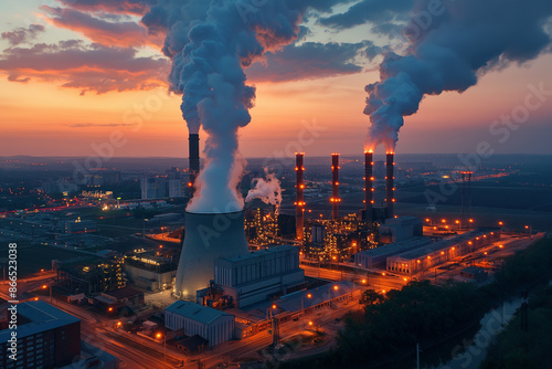 Aerial view of power plant with smoking chimneys at sunset.