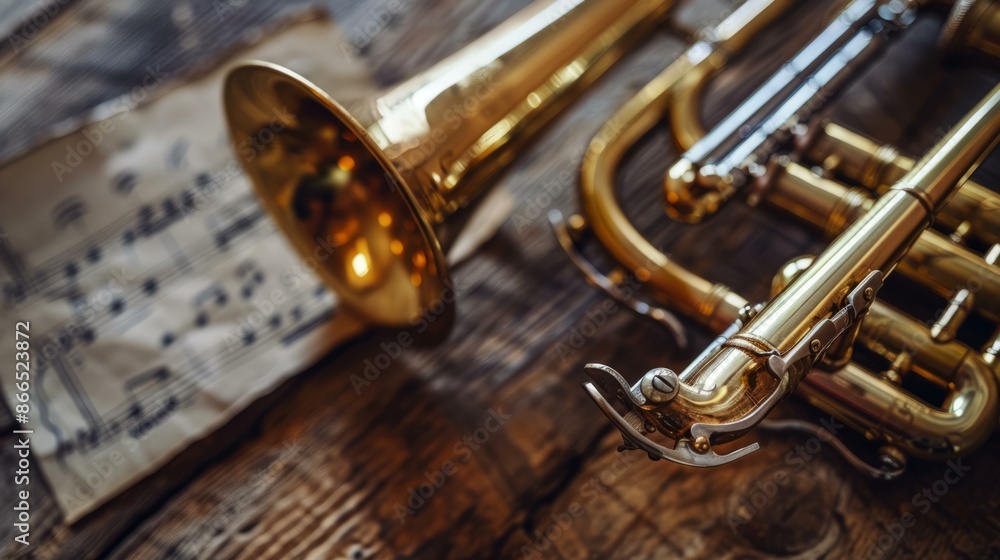 Naklejka premium Trumpet and sheet music on rustic wood. A vintage trumpet rests on a wooden table with aged sheet music, capturing the essence of musical history and passion.