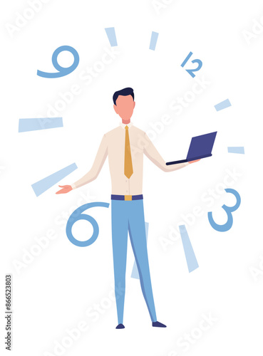 Effective time management. Efficiency work time. Freelance man worker with productivity clock. Time management, control business time or work deadline concept, smart businessman