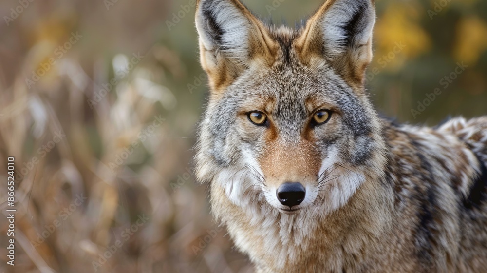 Obraz premium Intense gaze of a wild coyote. A close-up portrait of a wild coyote with intense golden eyes, showcasing its beautiful and fierce nature in its natural habitat.