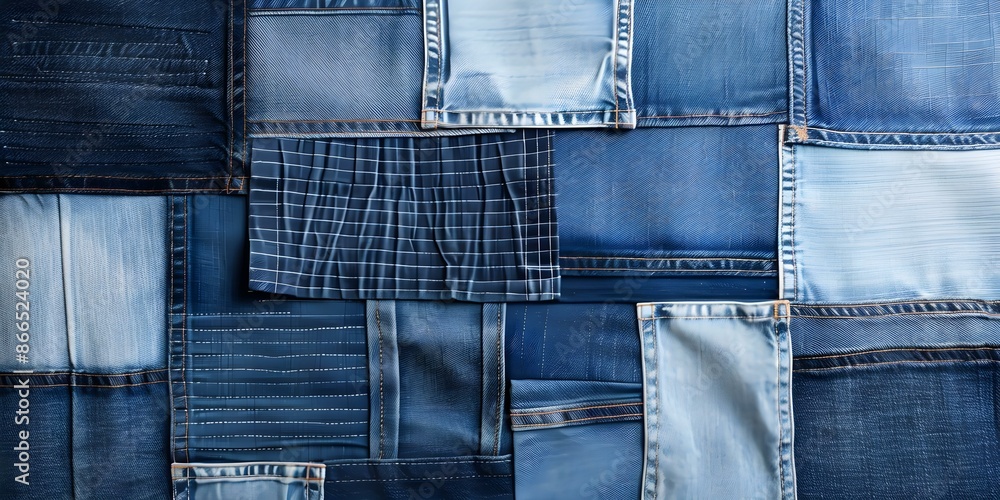 Creative Denim Patchwork Quilt Made from Upcycled Materials. Concept DIY, Upcycling, Denim Patchwork, Quilting, Creativity Creative Denim Patchwork Quilt Made from Upcycled Materials. Concept DIY, Upcycling, Denim Patchwork, Quilting, Creativity