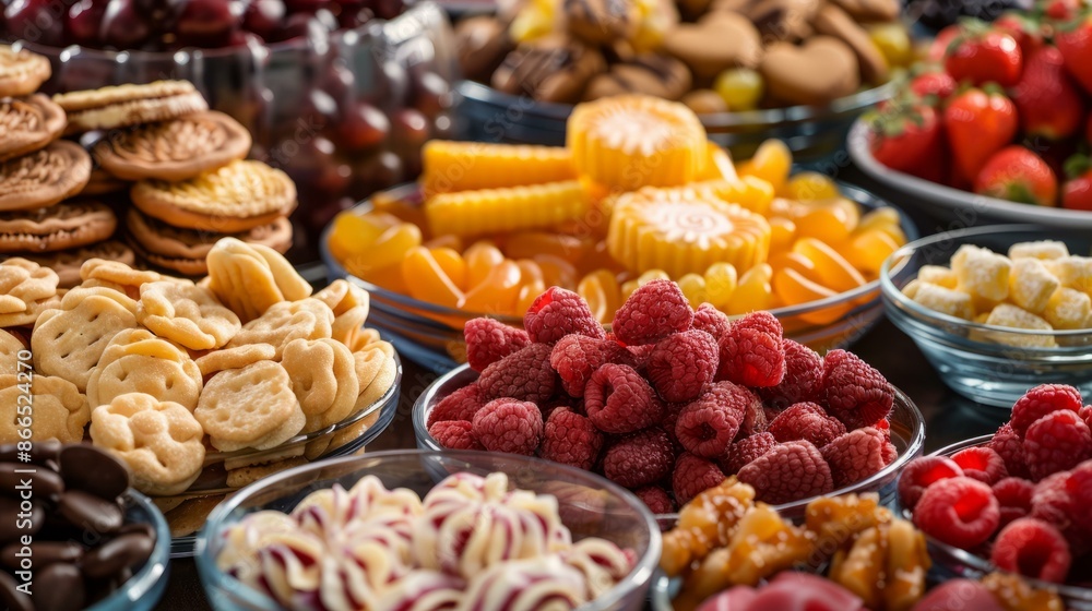 Dessert buffet with fresh fruit and sweet treats. Vibrant dessert buffet with bowls of colorful candies, fresh raspberries, cookies, and chocolate for a delicious spread.