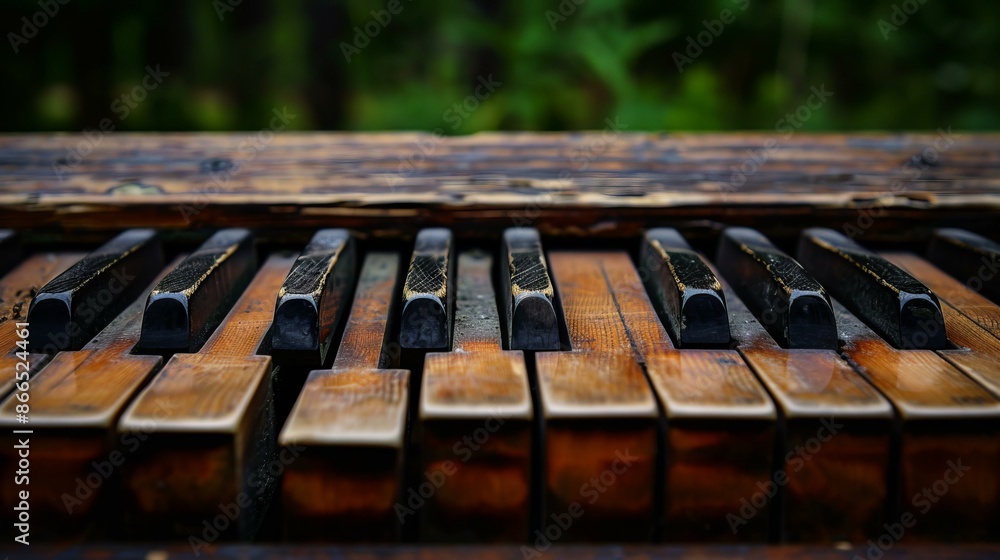Weathered piano keys in nature. Close-up of weathered piano keys on an old, abandoned piano in a natural setting, evoking a sense of nostalgia and decay. Weathered piano keys in nature. Close-up of weathered piano keys on an old, abandoned piano in a natural setting, evoking a sense of nostalgia and decay.