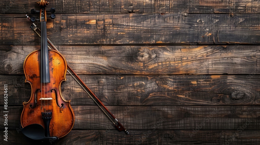 Naklejka premium Violin and bow on rustic wood background. Overhead view of a violin and bow on a rustic wood background, perfect for music or vintage-themed projects.