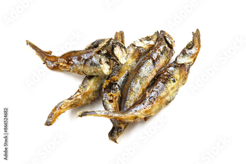 Seafood. Fried small sea fish, anchovies, capelin fish, isolated on white background
