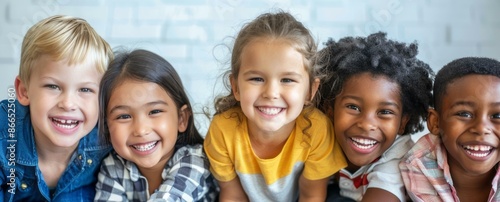 Diverse group of happy children smiling. Adorable multiethnic children smiling cheerfully together, perfect for projects promoting diversity, childhood, and happiness.