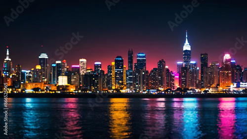 lights of the night city reflected in the water surface