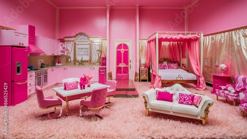 Vibrant pink dollhouse interior showing a combined living and sleeping area with maximalist furnishings for conceptual lifestyle media.