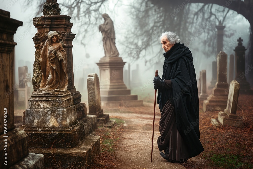 Mysterious Elderly Man Walking in Foggy Cemetery Mysterious Elderly Man Walking in Foggy Cemetery