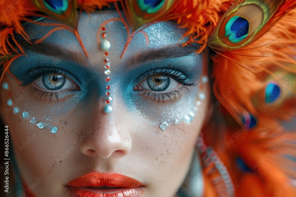 A colorful and artistic close-up of a woman's face adorned with vibrant makeup and peacock feathers, showcasing her creativity and vivid expressiveness. A colorful and artistic close-up of a woman's face adorned with vibrant makeup and peacock feathers, showcasing her creativity and vivid expressiveness.