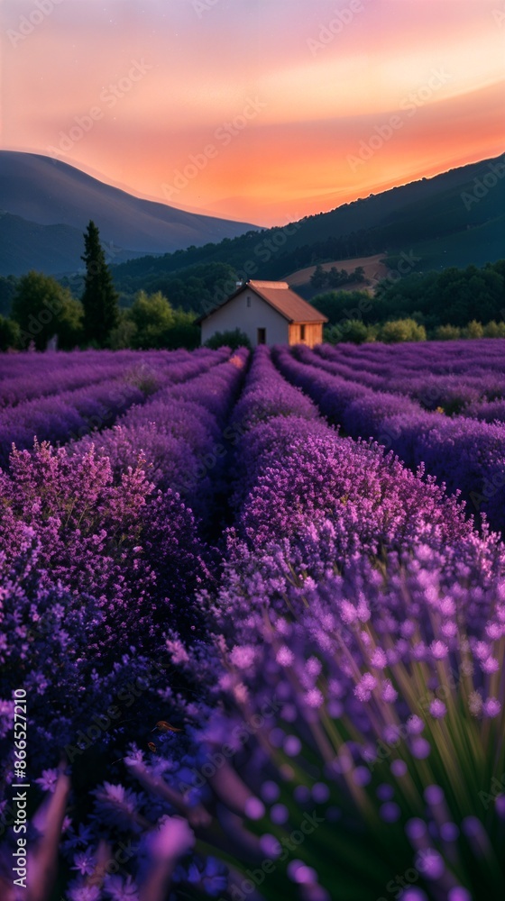 a lavender field with a house in the distance a lavender field with a house in the distance