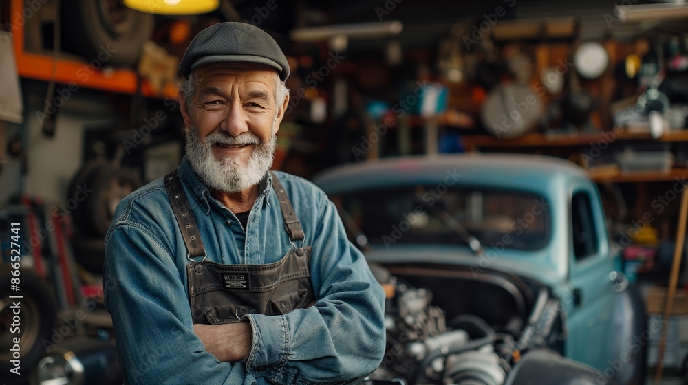 A happy mechanic in his workshop, smiling and standing next to the car A happy mechanic in his workshop, smiling and standing next to the car