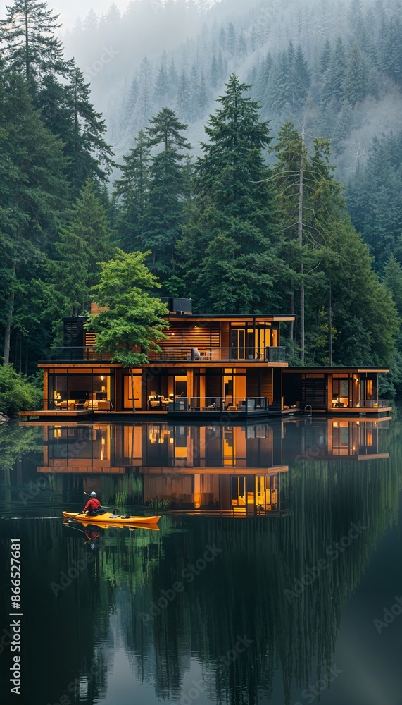 Fototapeta premium a house sitting on top of a lake next to a forest