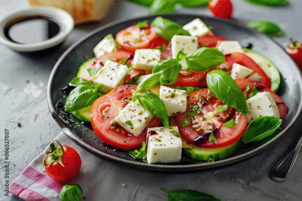 Fresh Greek salad with feta cheese, tomatoes, cucumbers, and basil leaves on a gray plate. A healthy and colorful Mediterranean dish. Fresh Greek salad with feta cheese, tomatoes, cucumbers, and basil leaves on a gray plate. A healthy and colorful Mediterranean dish.