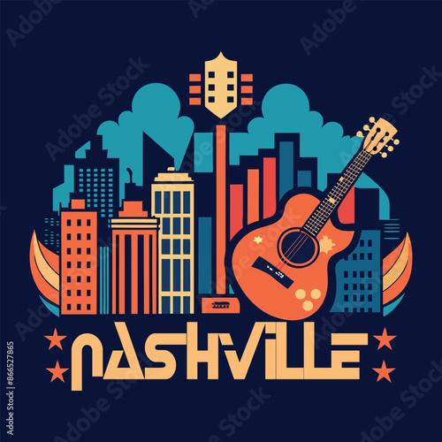 Nashville Nightscape, Vibrant city lights, iconic guitar riffs, and soulful melodies - Nashville’s heartbeat