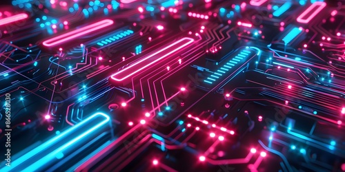 Futuristic circuit board illuminated with neon lights
