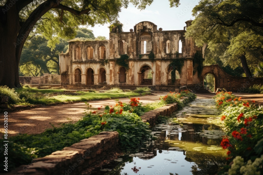Spanish missions by the San Antonio River., generative IA Spanish missions by the San Antonio River., generative IA