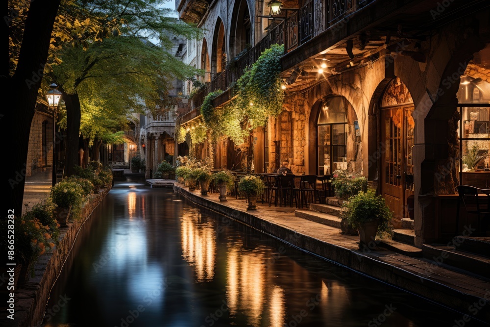 River Walk at night restaurants, lights and romance., generative IA River Walk at night restaurants, lights and romance., generative IA