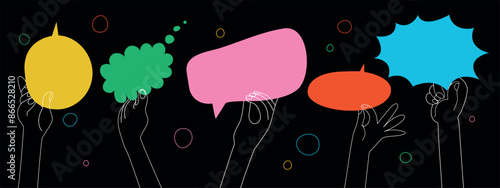 Human hands holding colorful speech bubbles. Hand drawn vector illustration isolated on dark background. Team cooperation and communication. Modern flat style.