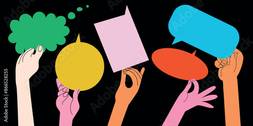 Human hands holding colorful speech bubbles. Hand drawn vector illustration isolated on dark background. Team cooperation and communication. Modern flat  style.