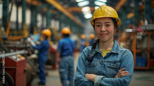 A photo of a smiling female factory worker standing in front with her arms crossed, wearing blue overalls and a yellow helmet holding walkie talkies © ifoto