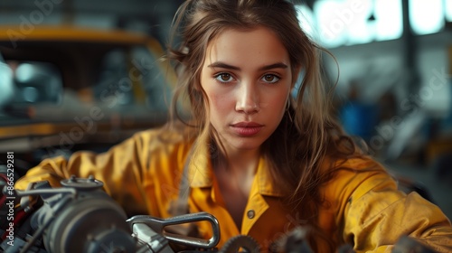 Female mechanic working on a car engine in an auto repair shop © ifoto