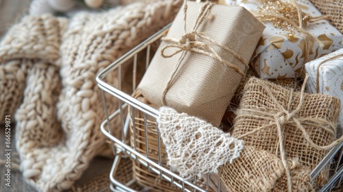 Christmas gifts in a basket in shopping cart