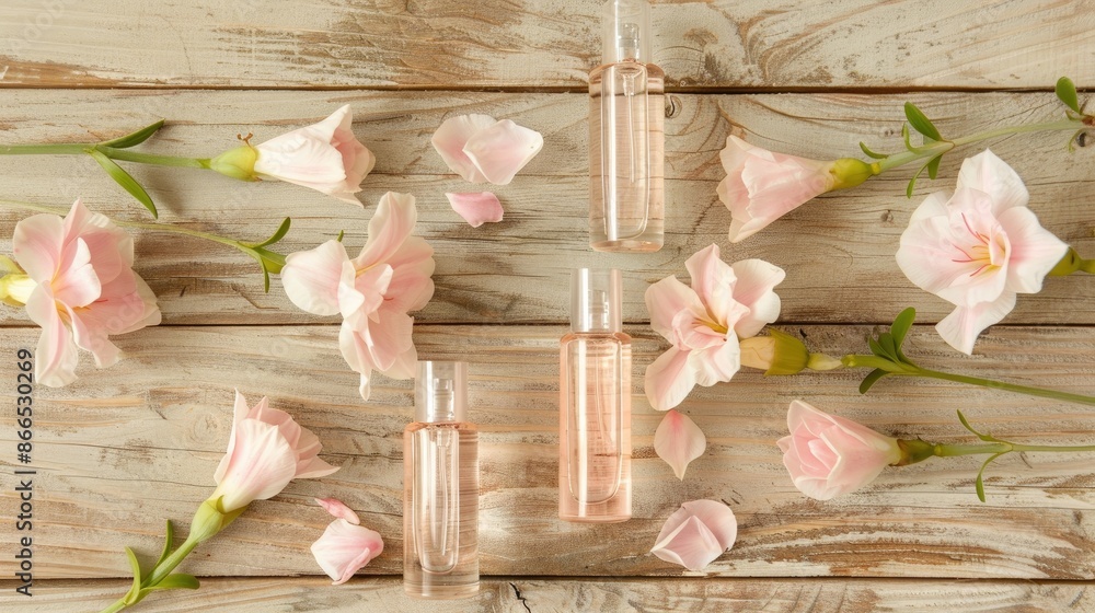 Top view of cosmetic bottles with freesia flowers on wooden surface Top view of cosmetic bottles with freesia flowers on wooden surface