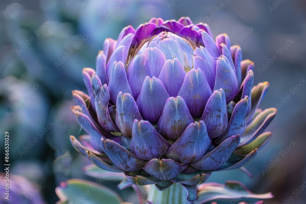 Detailed closeup of a stunning purple artichoke flower in natural light