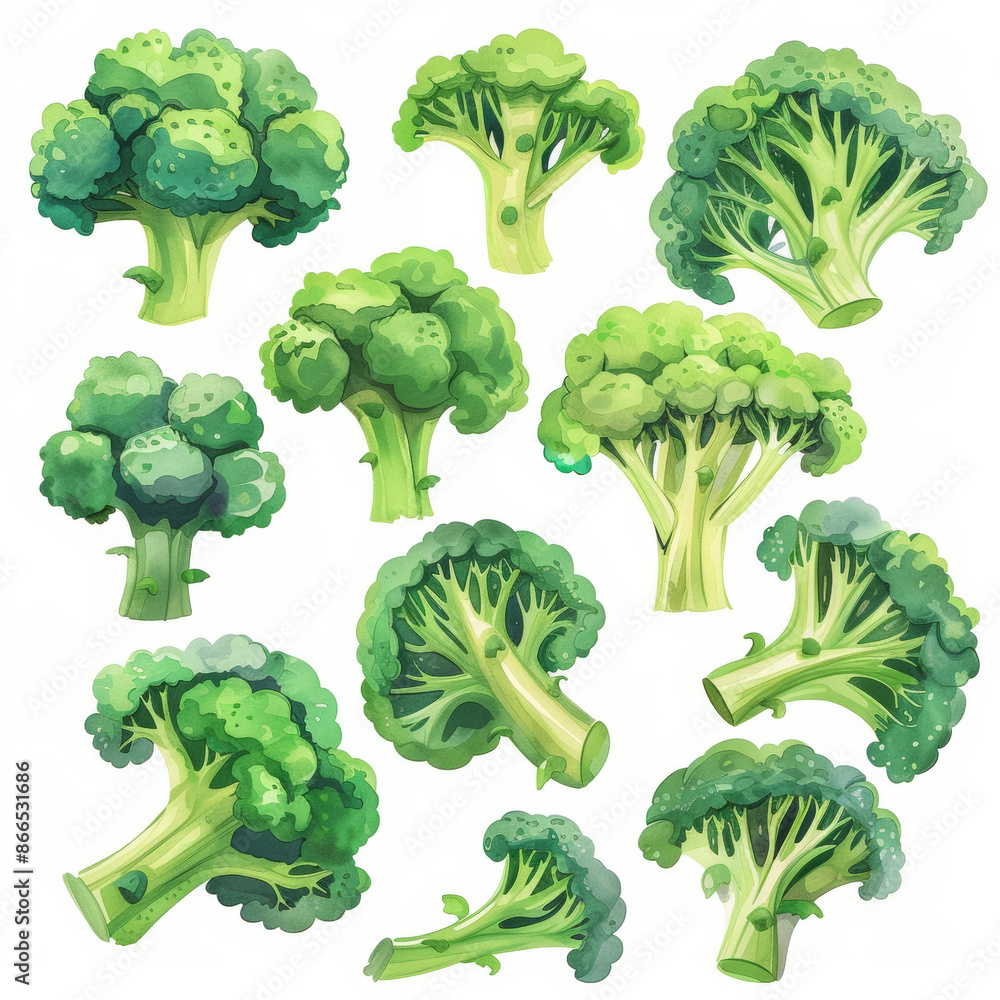 Collection of fresh green broccoli on a white background, top view. Banner design. Collection of fresh green broccoli on a white background, top view. Banner design.