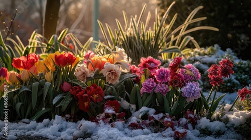 Fototapeta Naklejka Na Ścianę i Meble -  Winter morning flower display in the garden