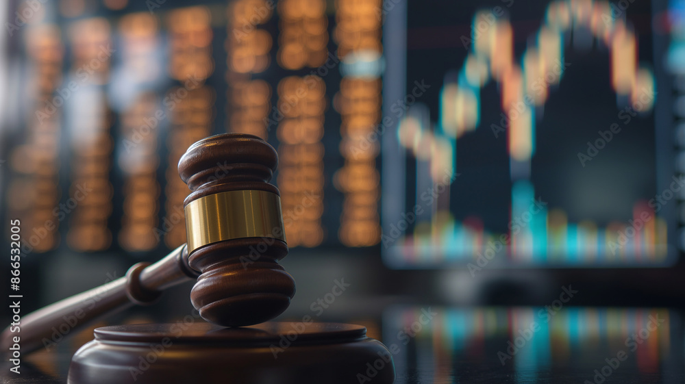 Business and Law concept. Gavel and stock exchange on the background. The law that regulates the requirements for entry into the stock exchange. Business and Law concept. Gavel and stock exchange on the background. The law that regulates the requirements for entry into the stock exchange.