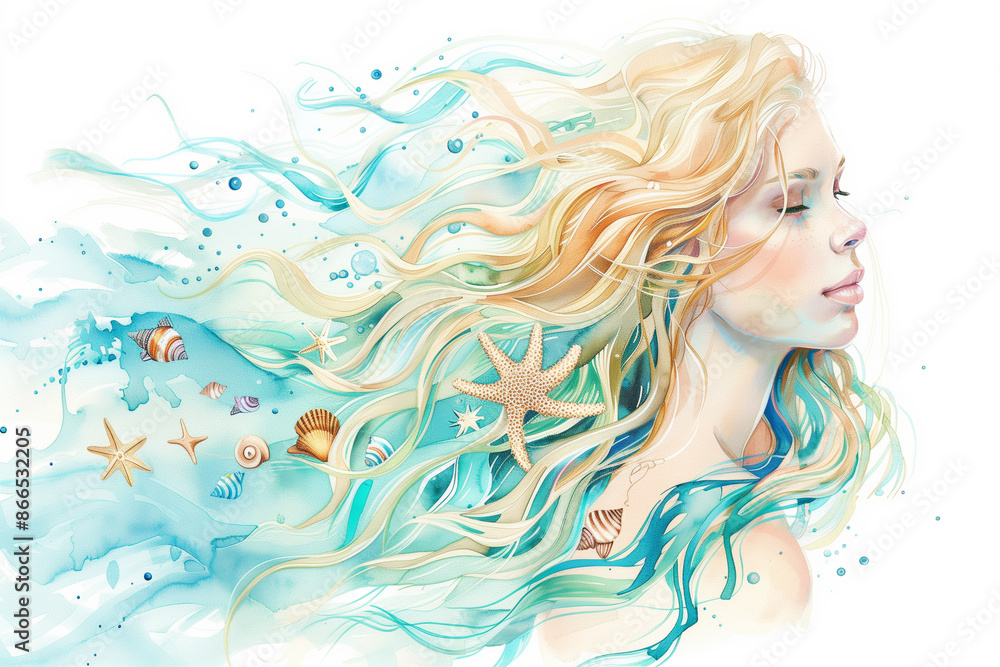 Watercolor young woman with sea shells and starfish portrait art. Colorful creative watercolor illustration Watercolor young woman with sea shells and starfish portrait art. Colorful creative watercolor illustration