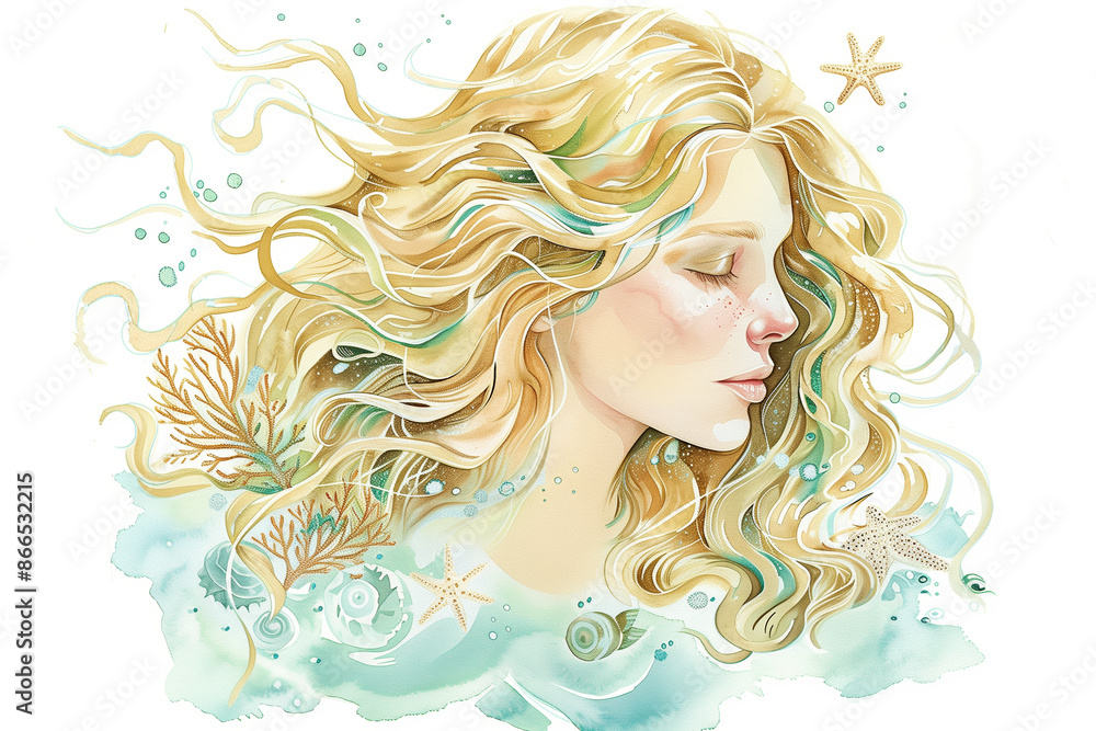 Watercolor young woman with sea shells and starfish portrait art. Colorful creative watercolor illustration Watercolor young woman with sea shells and starfish portrait art. Colorful creative watercolor illustration