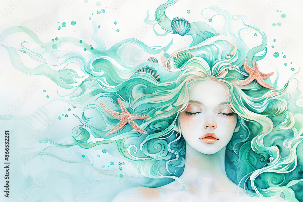 Watercolor young woman with sea shells and starfish portrait art. Colorful creative watercolor illustration Watercolor young woman with sea shells and starfish portrait art. Colorful creative watercolor illustration