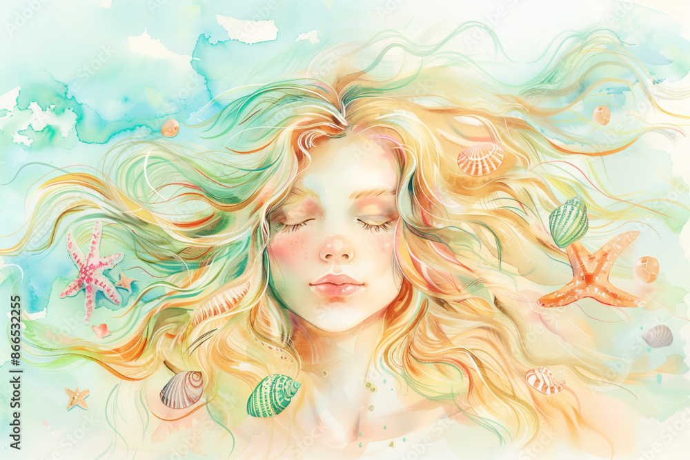 Watercolor young woman with sea shells and starfish portrait art. Colorful creative watercolor illustration Watercolor young woman with sea shells and starfish portrait art. Colorful creative watercolor illustration