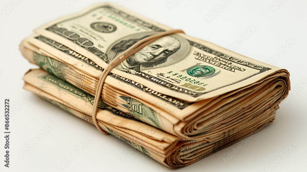 A bundle of US currency notes tightly bound with a rubber band. The notes appear to be in good condition, and the bundle is positioned diagonally, leaning slightly to the right A bundle of US currency notes tightly bound with a rubber band. The notes appear to be in good condition, and the bundle is positioned diagonally, leaning slightly to the right