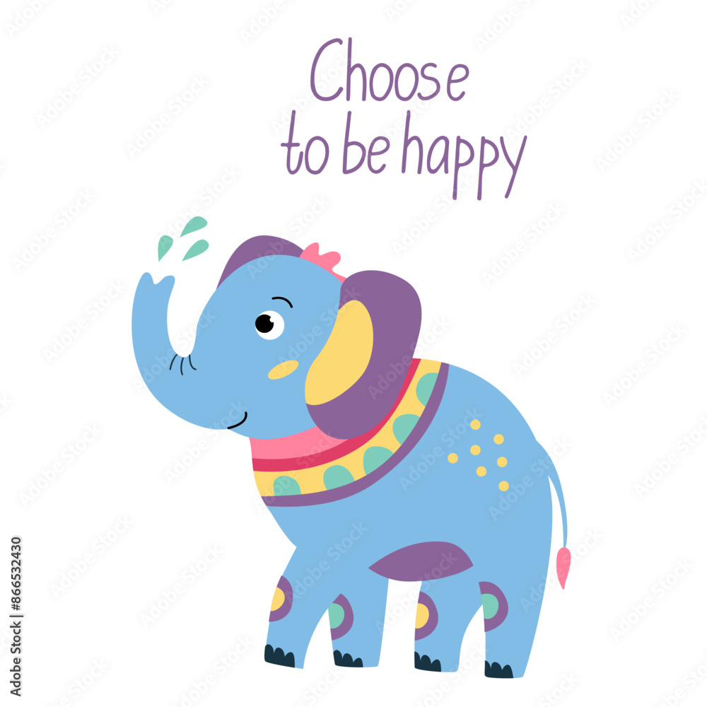 Motivation card with bright elephant. Vector illustration in flat hand drawn style and choose to be happy lettering.
Motivation card with bright elephant. Vector illustration in flat hand drawn style and choose to be happy lettering.