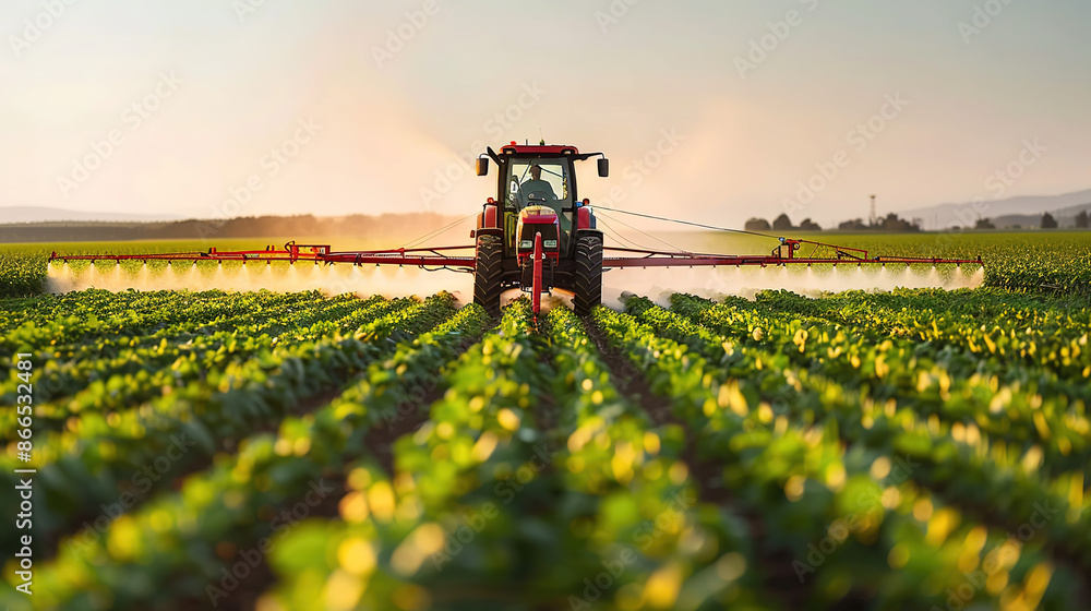 Tractor Spraying Pesticides on Soybean Fields Tractor Spraying Pesticides on Soybean Fields