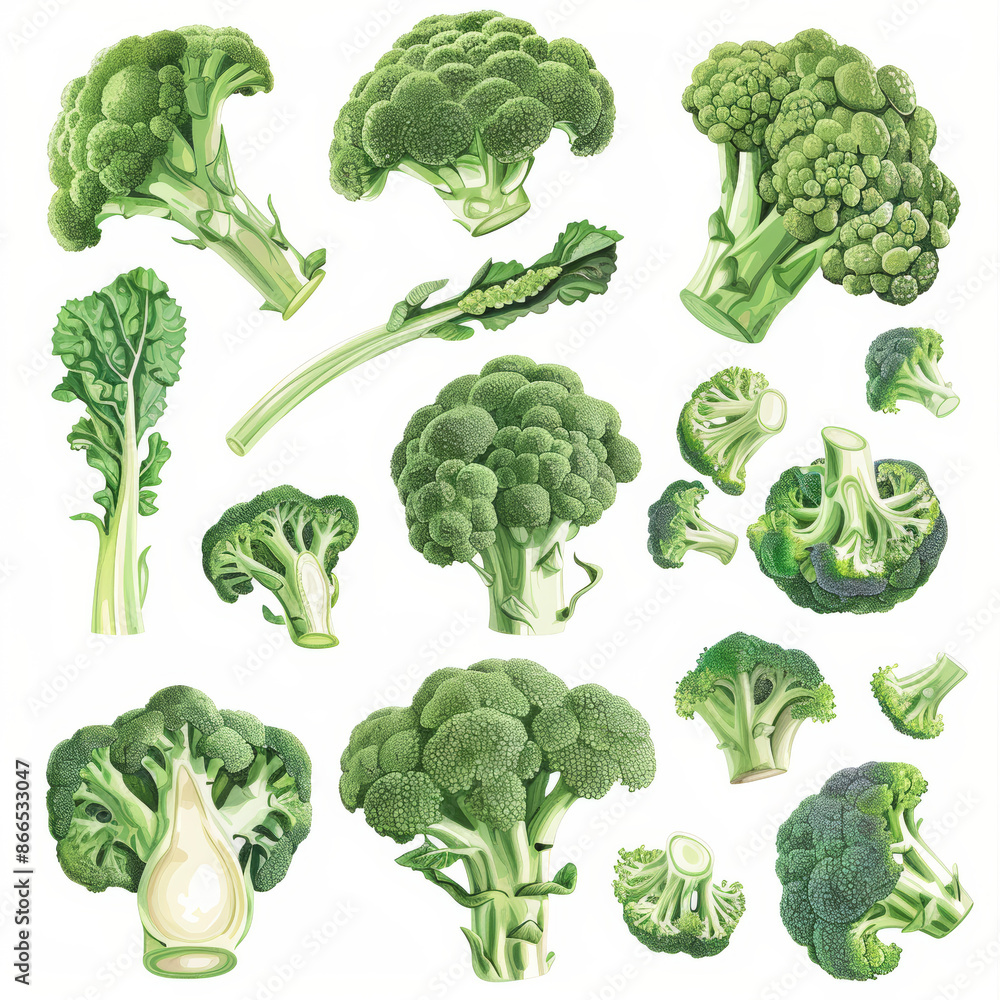 Collection of fresh green broccoli on a white background, top view. Banner design. Collection of fresh green broccoli on a white background, top view. Banner design.