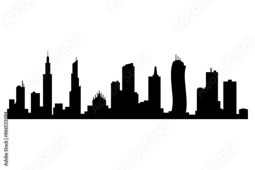 Cityscape silhouette. City building, night town and horizontal urban panorama silhouette. Modern urban landscape. Monochrome panoramic view
