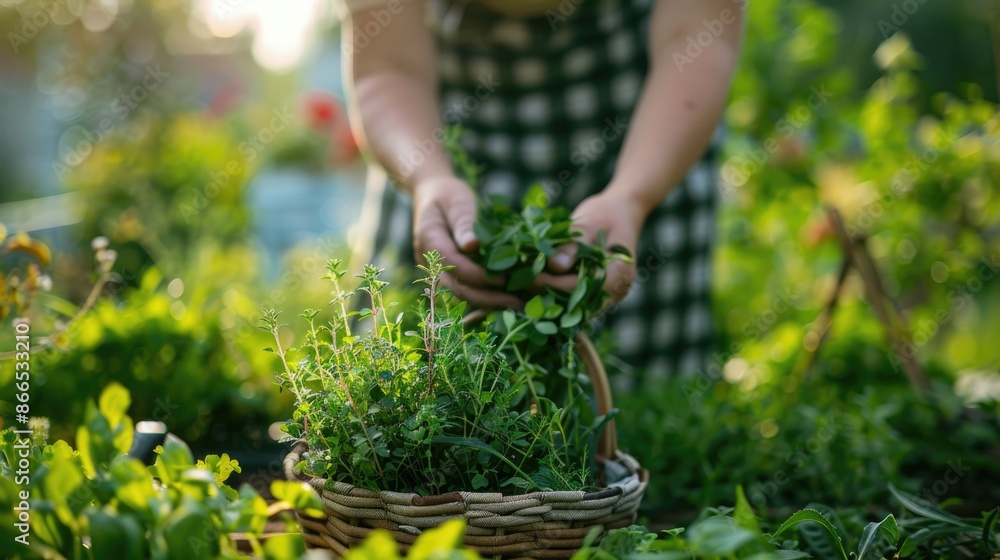 Serene Woman Harvesting Herbs in Vibrant Garden - Peaceful Morning Harvesting Scene with Selective Focus on Hands and Fresh Herbs Basket Serene Woman Harvesting Herbs in Vibrant Garden - Peaceful Morning Harvesting Scene with Selective Focus on Hands and Fresh Herbs Basket