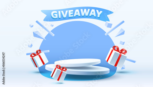 Giveaway podium, shop mega discount, special promo frame. Vector illustration