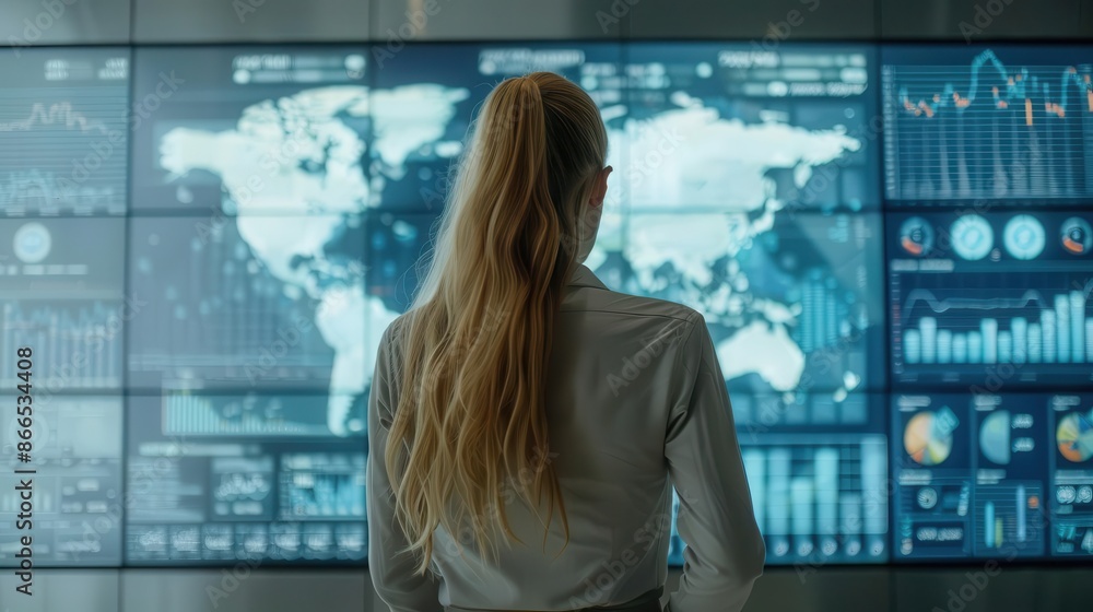 Businesswoman analyzing market trends with interactive charts on a large screen, business, data-driven decision making Businesswoman analyzing market trends with interactive charts on a large screen, business, data-driven decision making