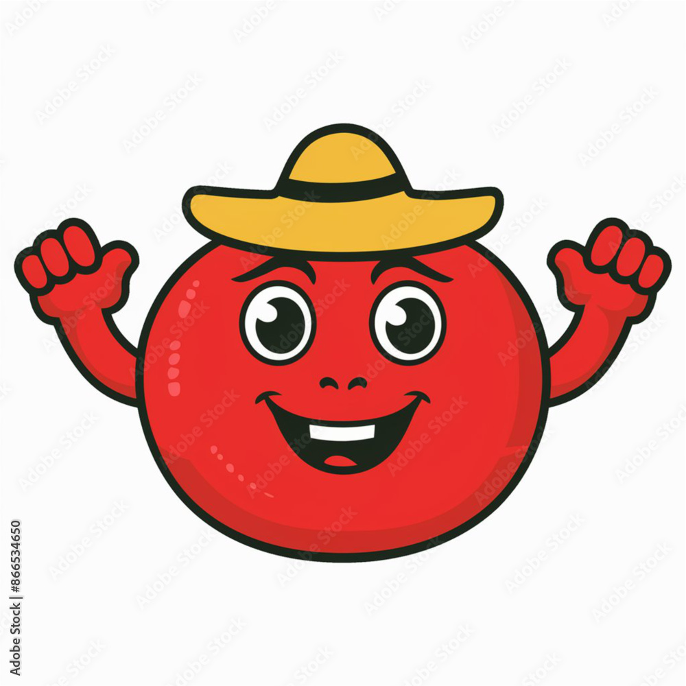 A cartoon image of a red tomato with a yellow hat on it A cartoon image of a red tomato with a yellow hat on it