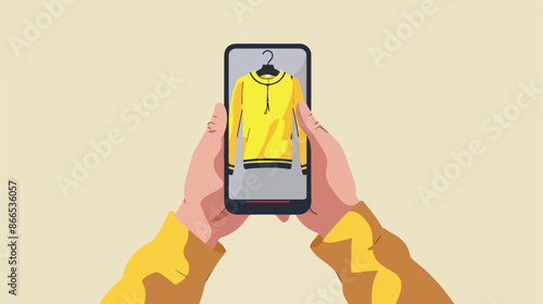 Online shopping concept. Hand with smartphone buy yel